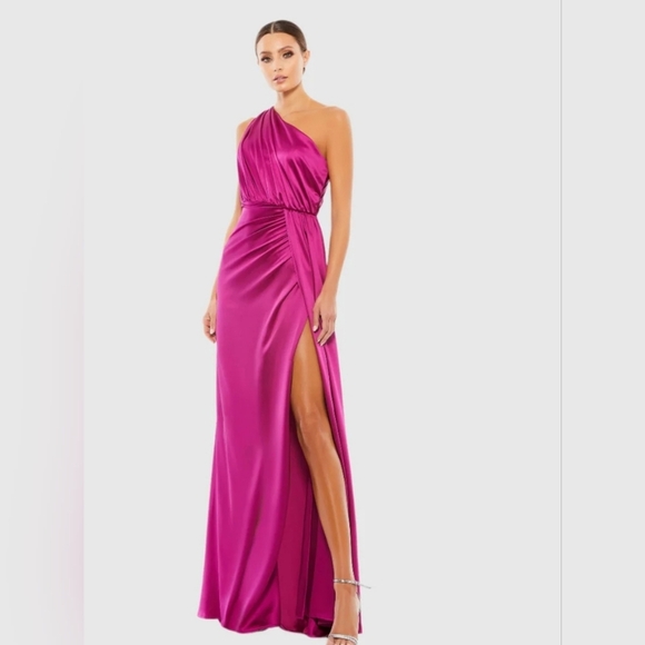 Ieena for Mac Duggal, Gathered One Shoulder Satin Faux Wrap Gown,Berry, 4 -NEW! - Picture 1 of 12